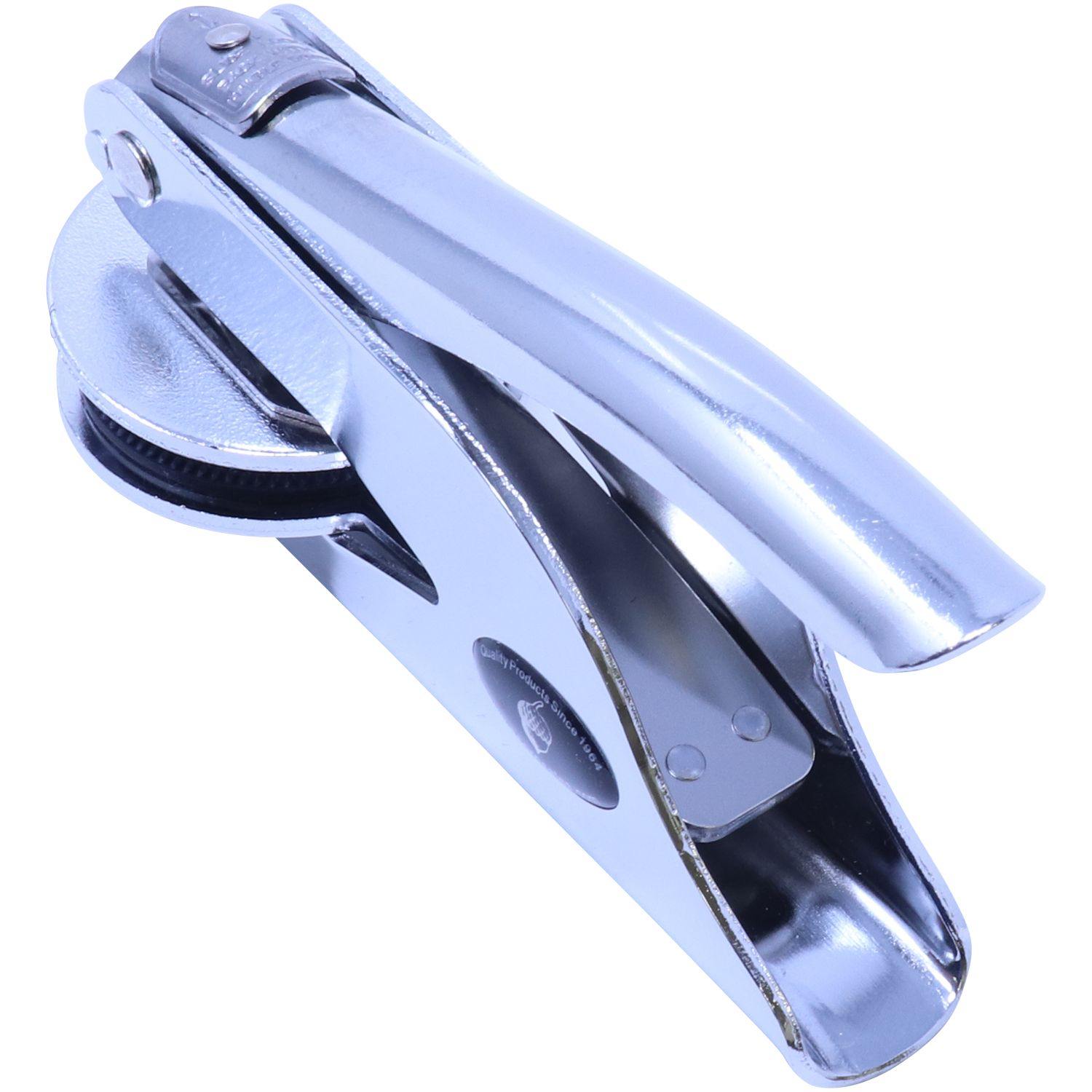 Professional Handheld Seal Embosser in chrome finish, angled back-right view, showing the detailed design and ergonomic handle.