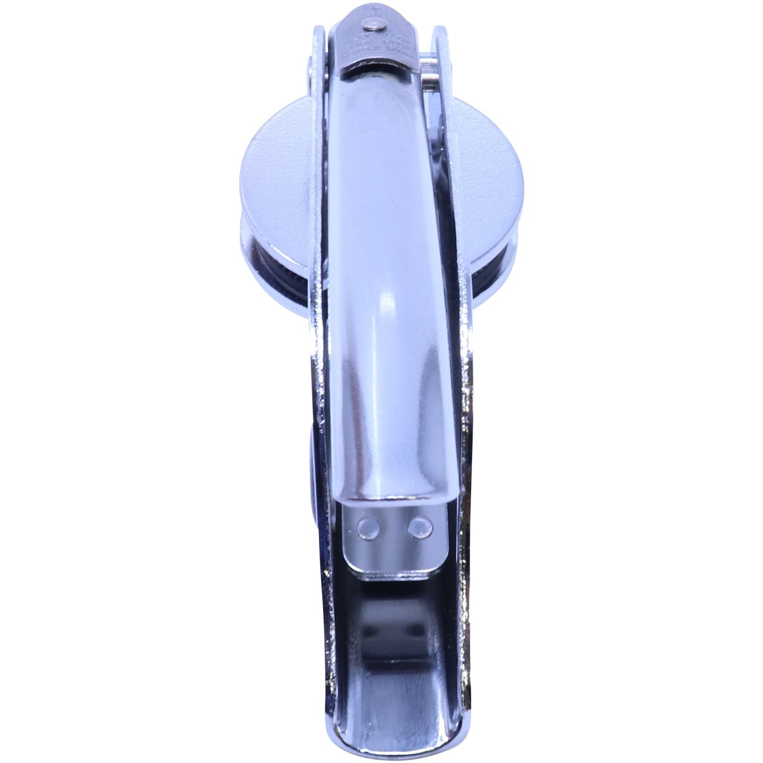 Handheld Notary Seal Embosser in chrome finish, angled back view, showing the handle and circular imprint area against a white background.