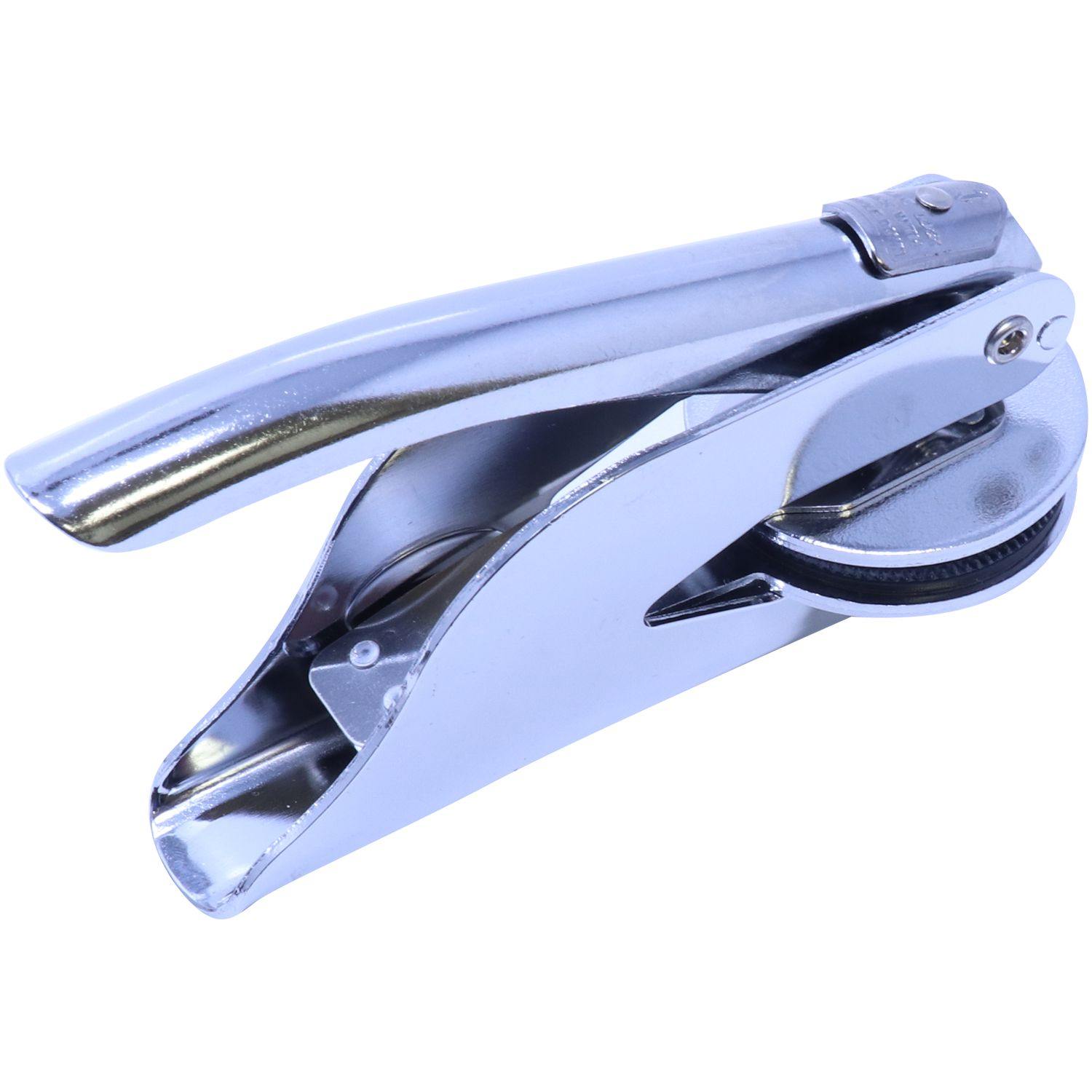 Forester Handheld Seal Embosser in chrome finish, angled left view, showing the handle and embossing mechanism.