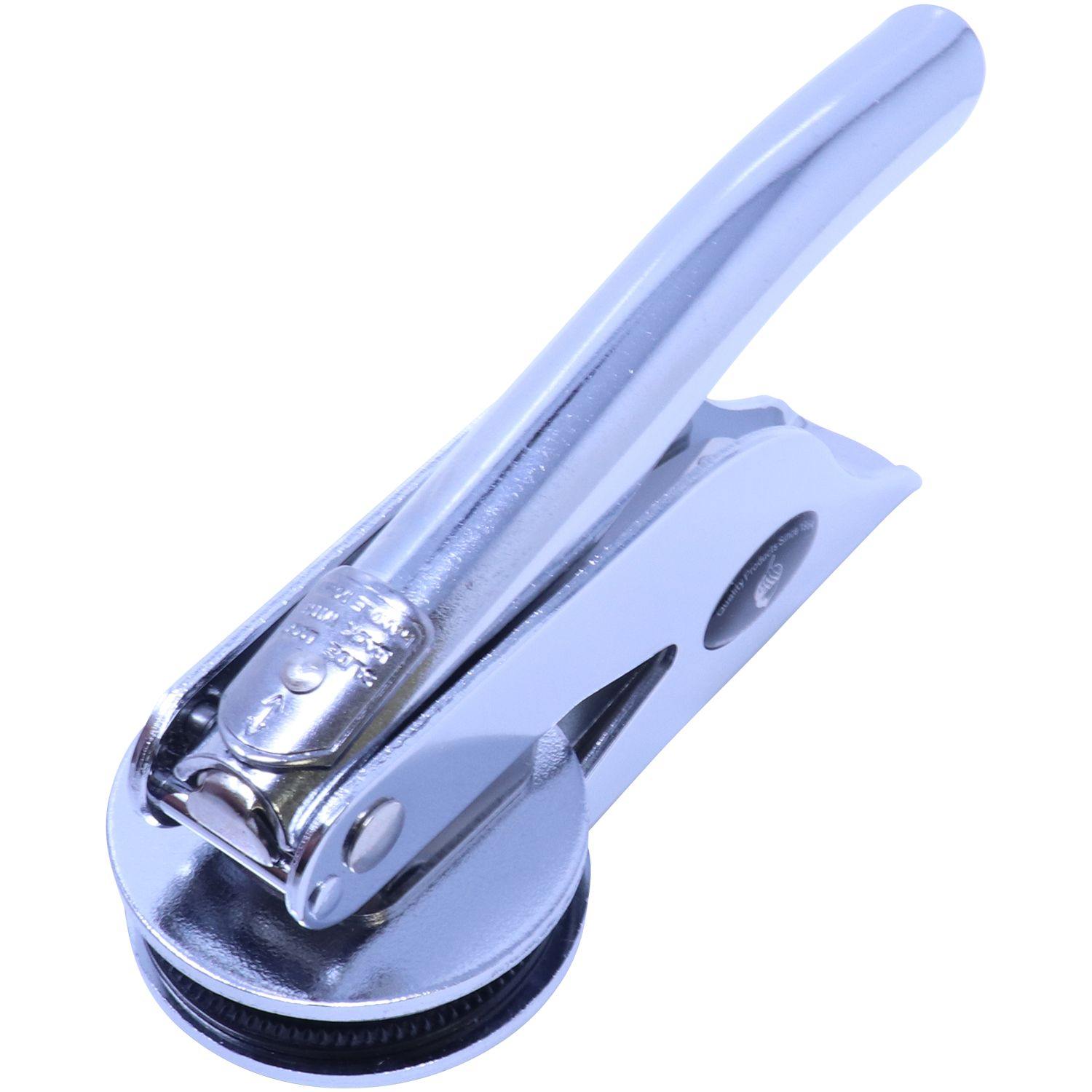 Real Estate Appraiser Handheld Seal Embosser in chrome, angled right view, showcasing its sleek design and ergonomic handle for easy use.