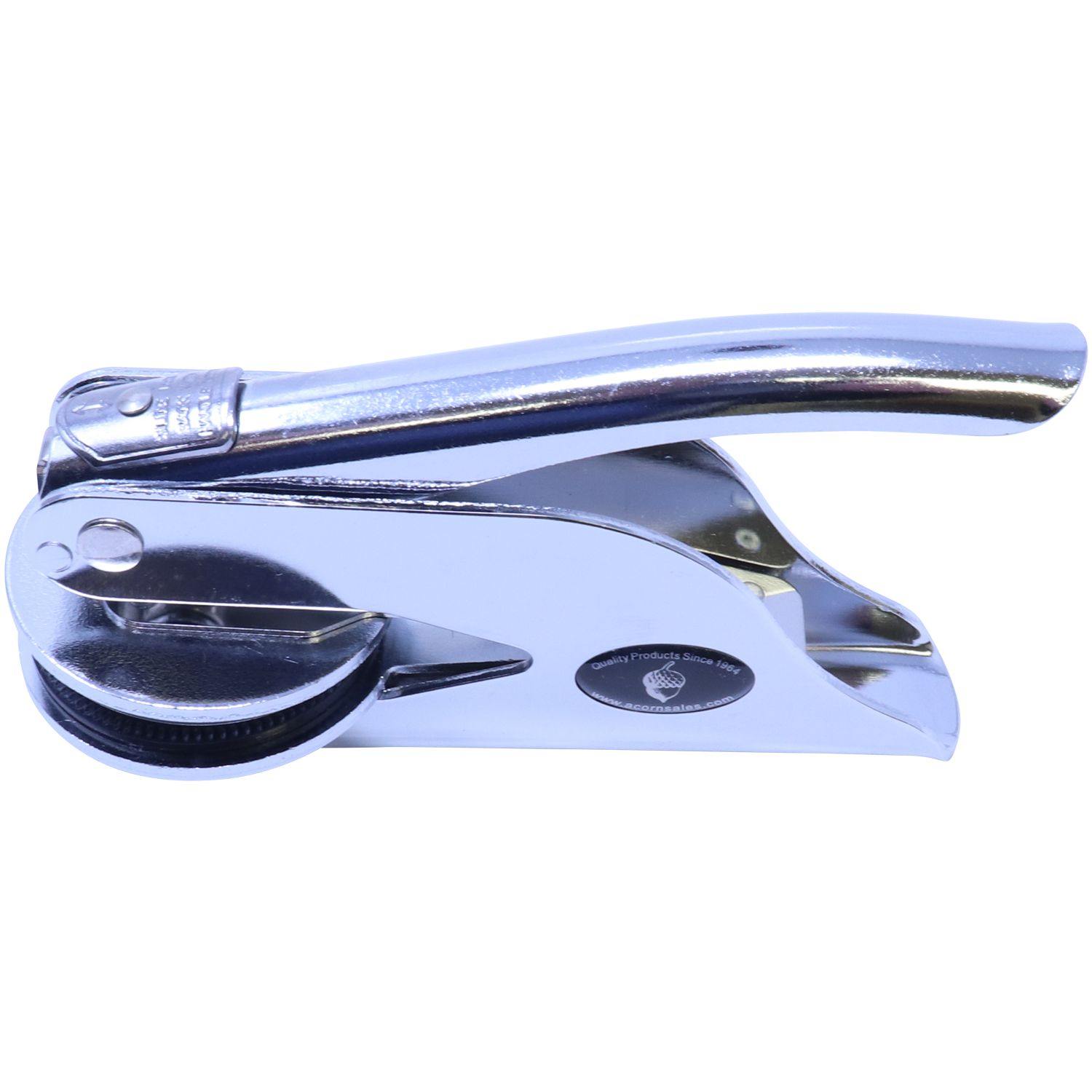 Public Weighmaster Handheld Seal Embosser in chrome, side view. Compact design with a lever handle and circular embossing plate.