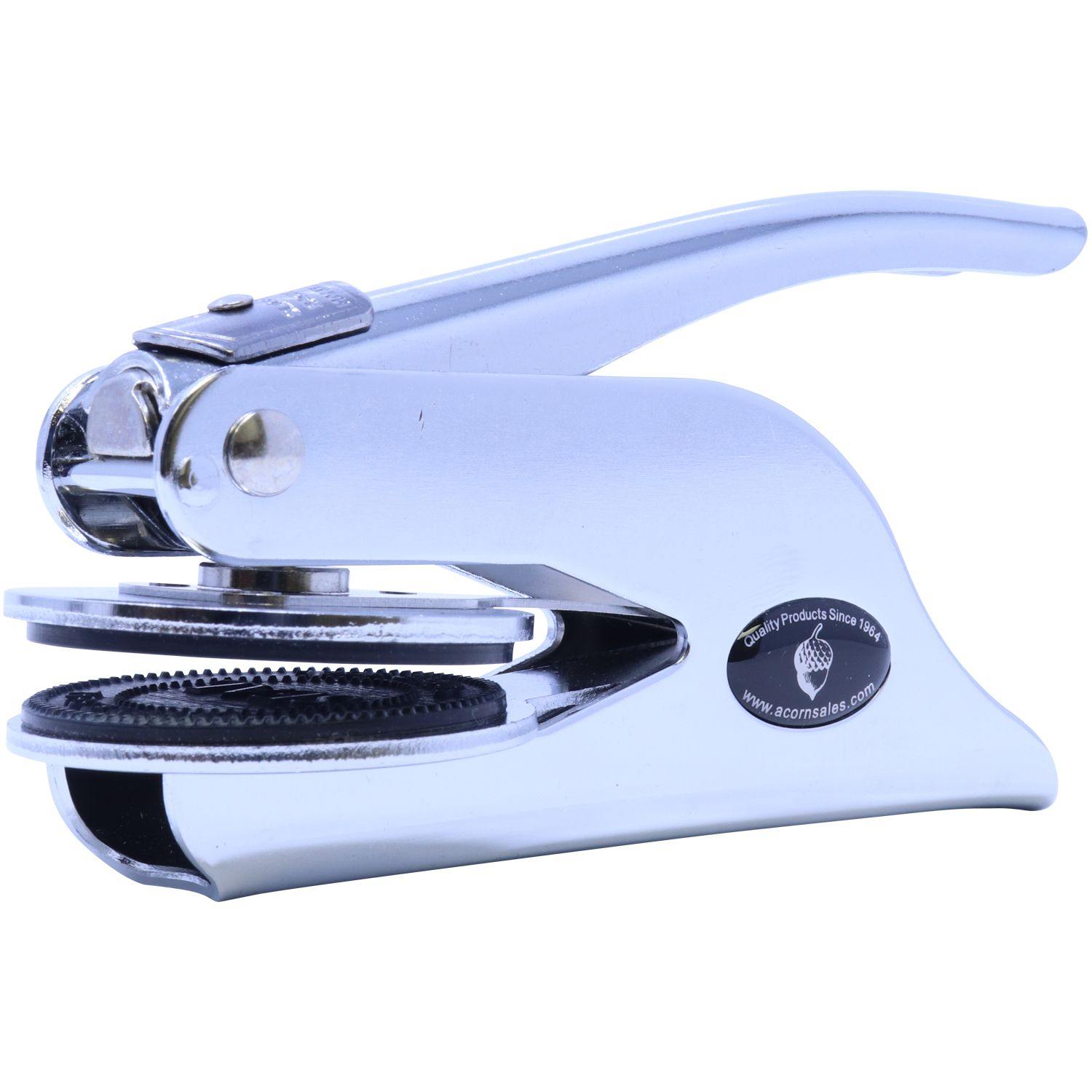 Professional Handheld Seal Embosser in chrome, angled side view showing the detailed imprint mechanism and ergonomic handle design.