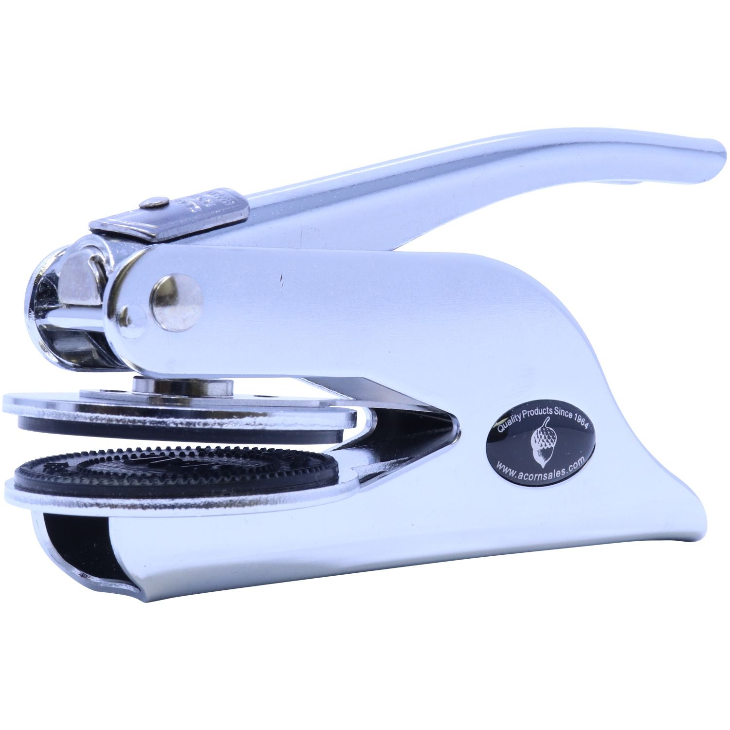 Handheld Notary Seal Embosser in chrome finish, angled side view, showing detailed imprint area and ergonomic handle design.