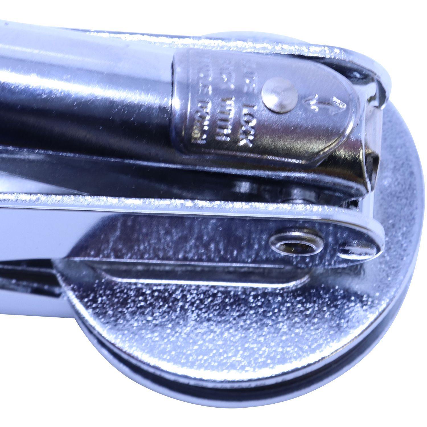 Close-up of the Forester Handheld Seal Embosser in chrome, showing the locking mechanism and detailed craftsmanship.