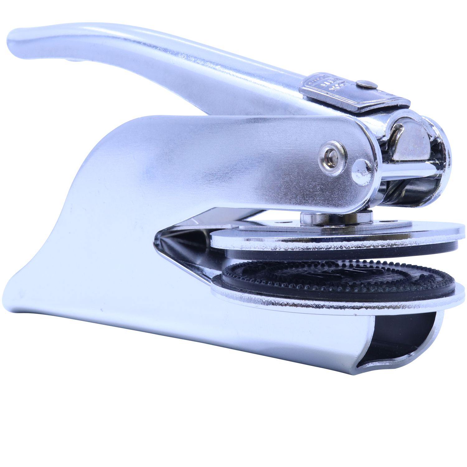 Professional Handheld Seal Embosser in chrome finish, side view, showing detailed imprint mechanism and ergonomic handle design.