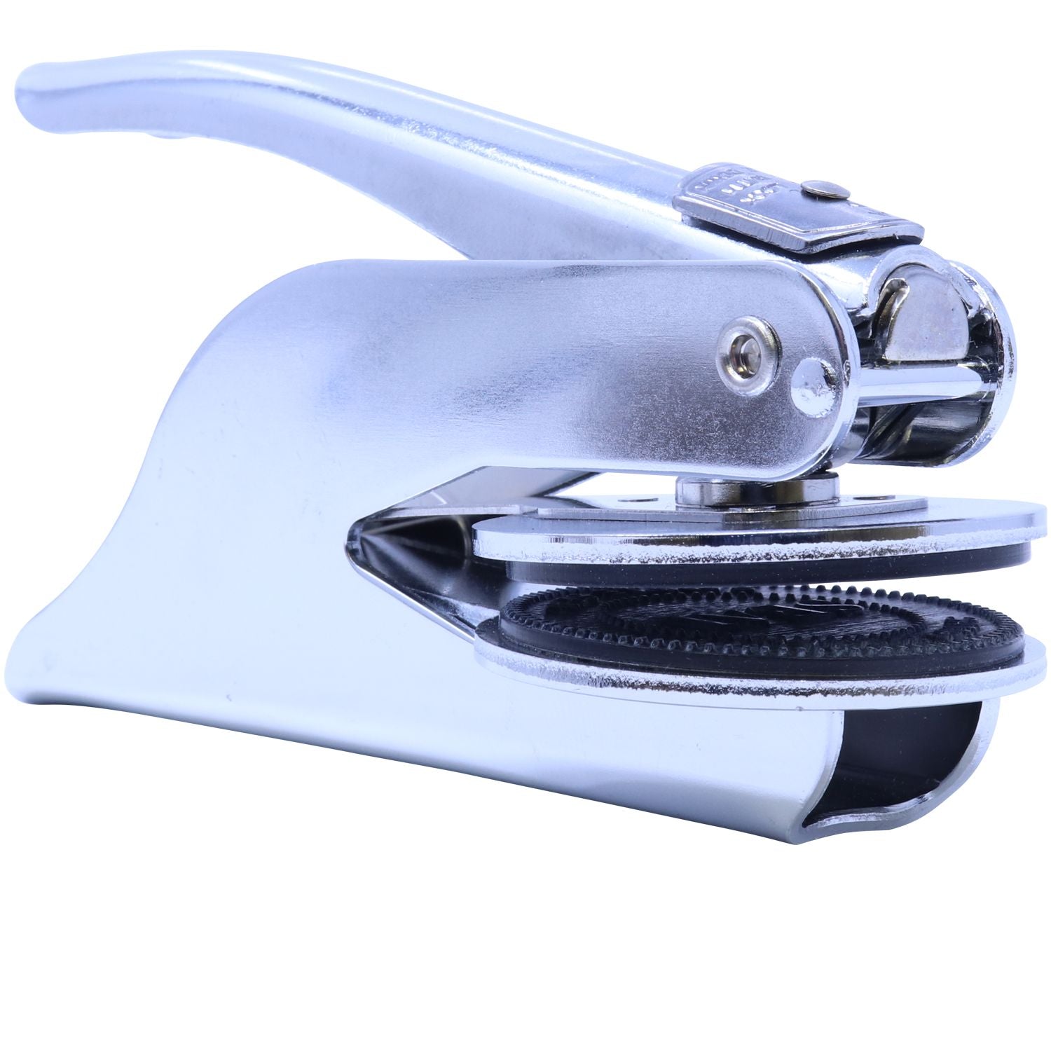 Handheld Notary Seal Embosser in chrome finish, side view. Compact design with a black rubber grip for easy handling and precise embossing.