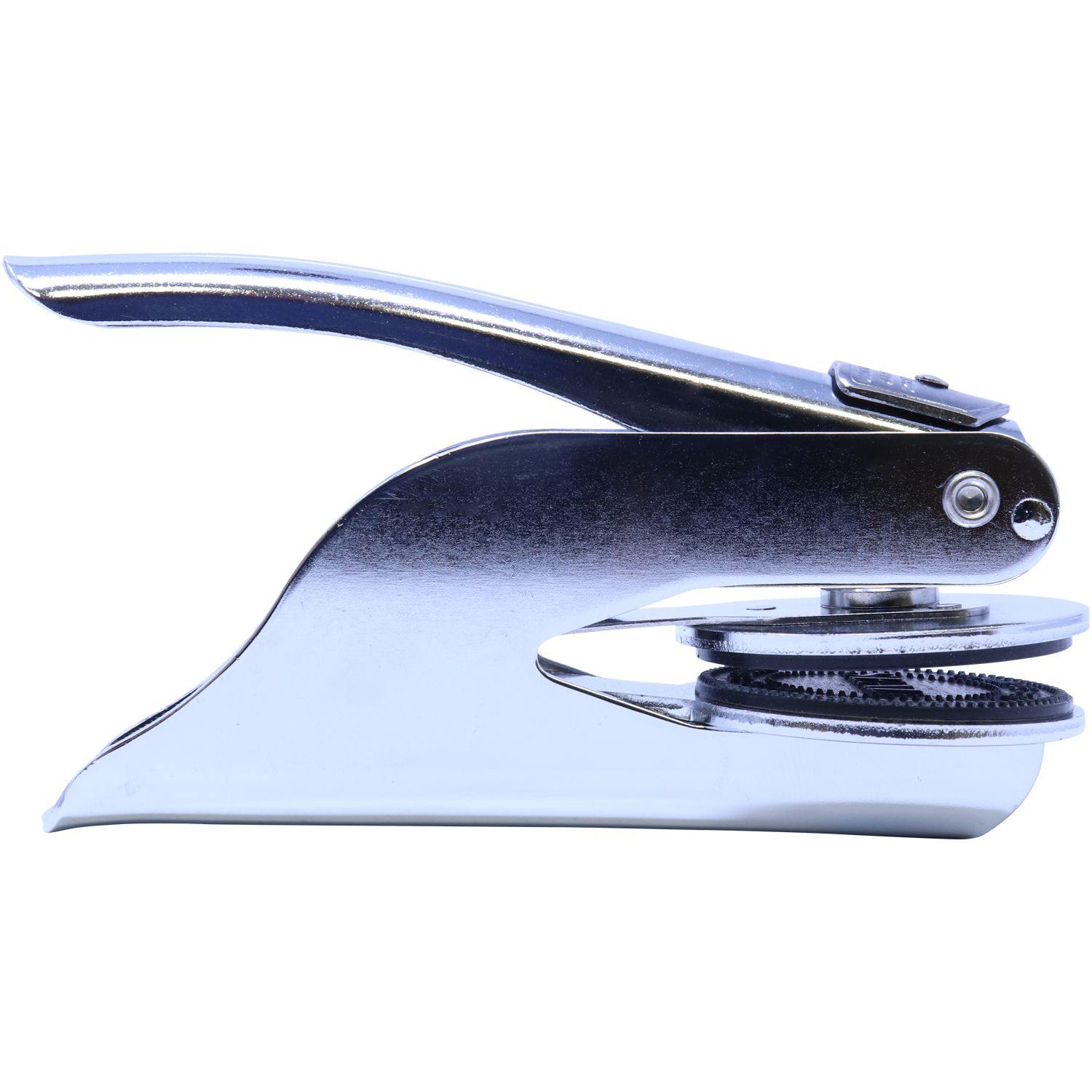 Forester Handheld Seal Embosser in chrome finish, side view. Compact and sleek design for easy embossing of documents.