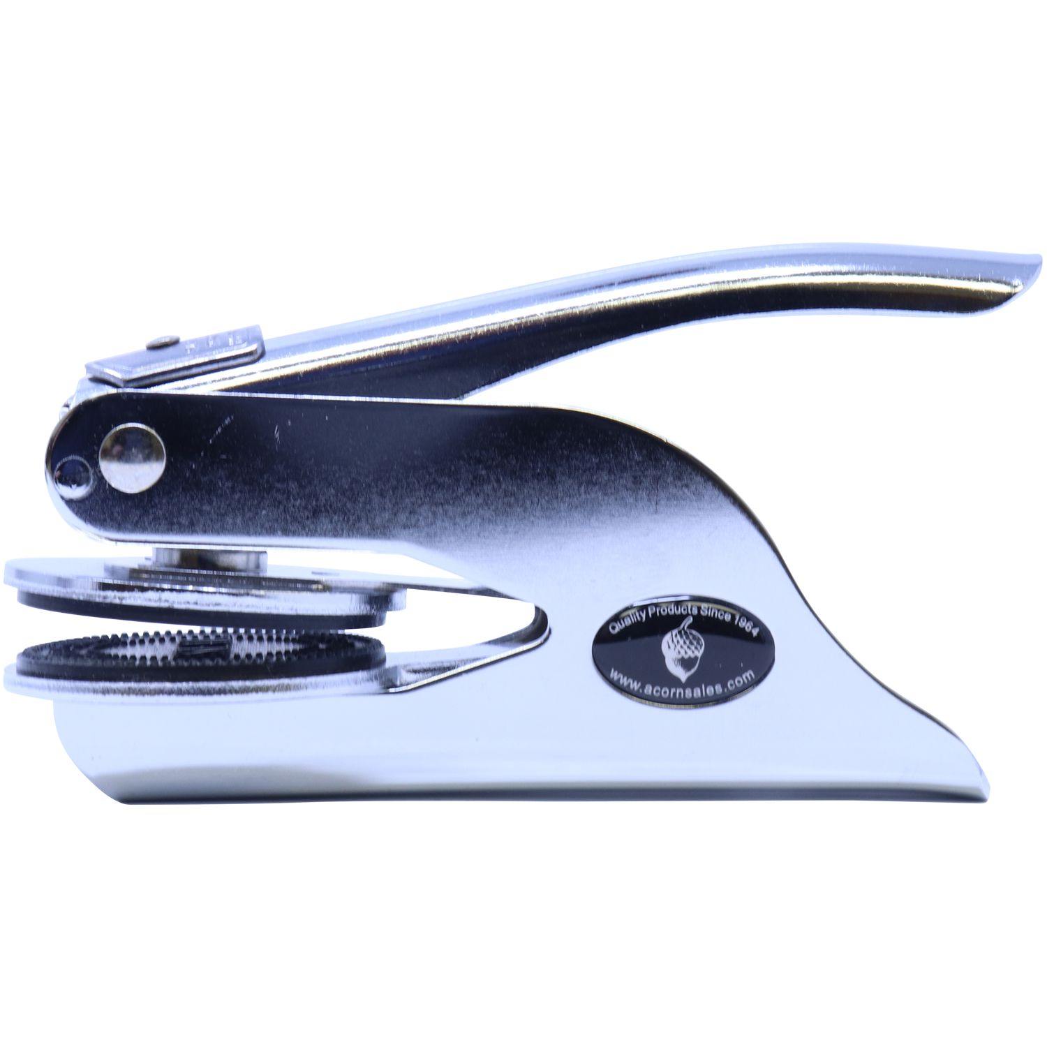 Interior Designer Handheld Seal Embosser in chrome finish, side view showing the imprint area and ergonomic handle design.