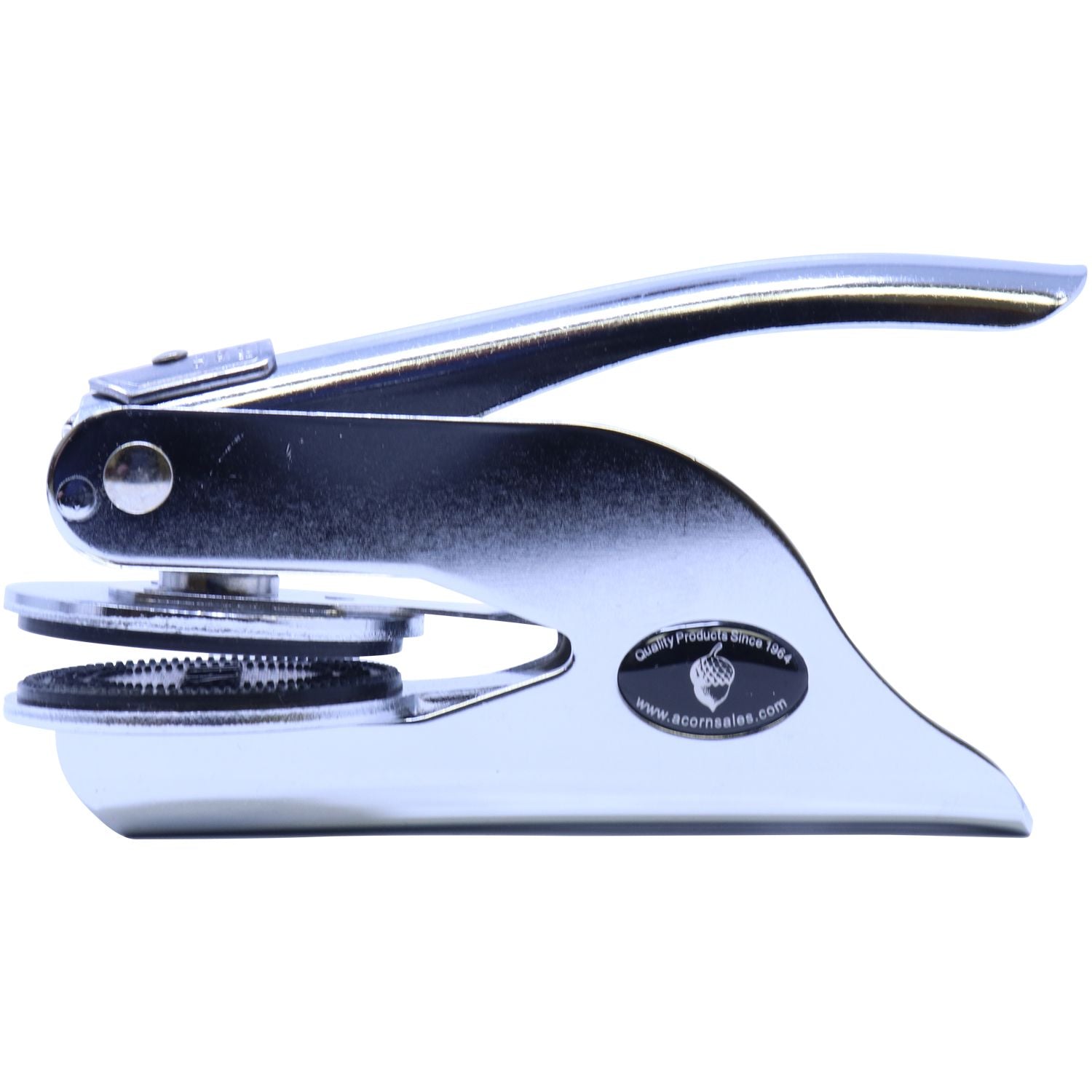 Handheld Notary Seal Embosser in chrome finish, side view, showing detailed imprint mechanism and ergonomic handle design.