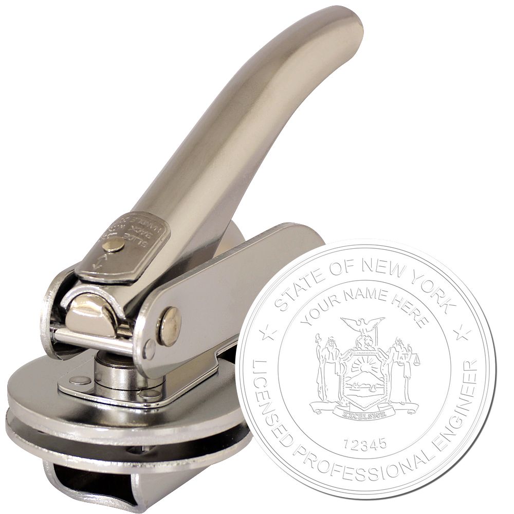 The main image for the Handheld New York Professional Engineer Embosser depicting a sample of the imprint and electronic files