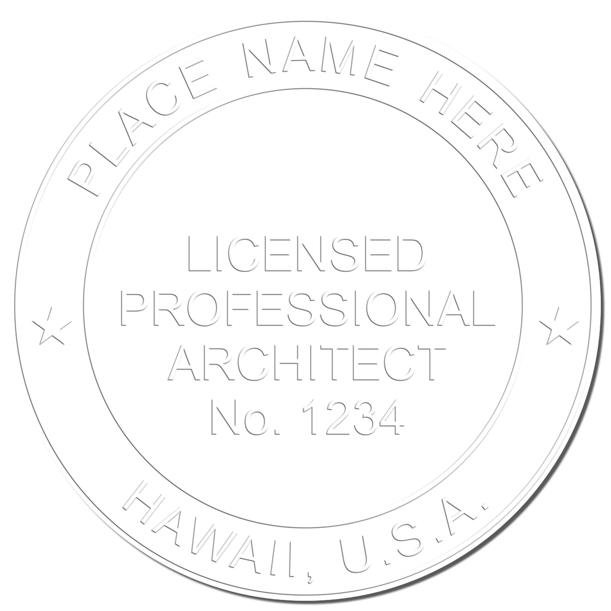 A photograph of the Handheld Hawaii Architect Seal Embosser stamp impression reveals a vivid, professional image of the on paper.