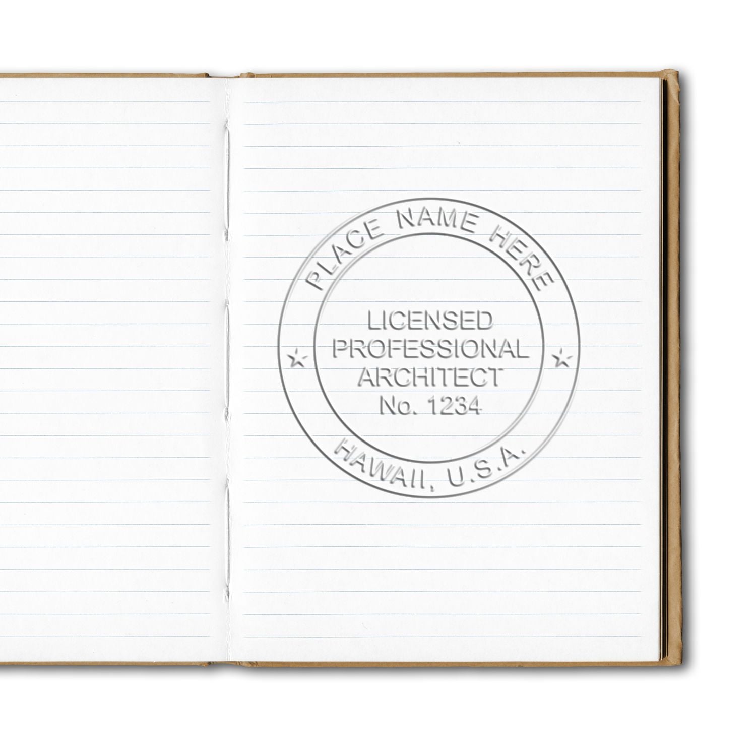 This paper is stamped with a sample imprint of the Handheld Hawaii Architect Seal Embosser, signifying its quality and reliability.