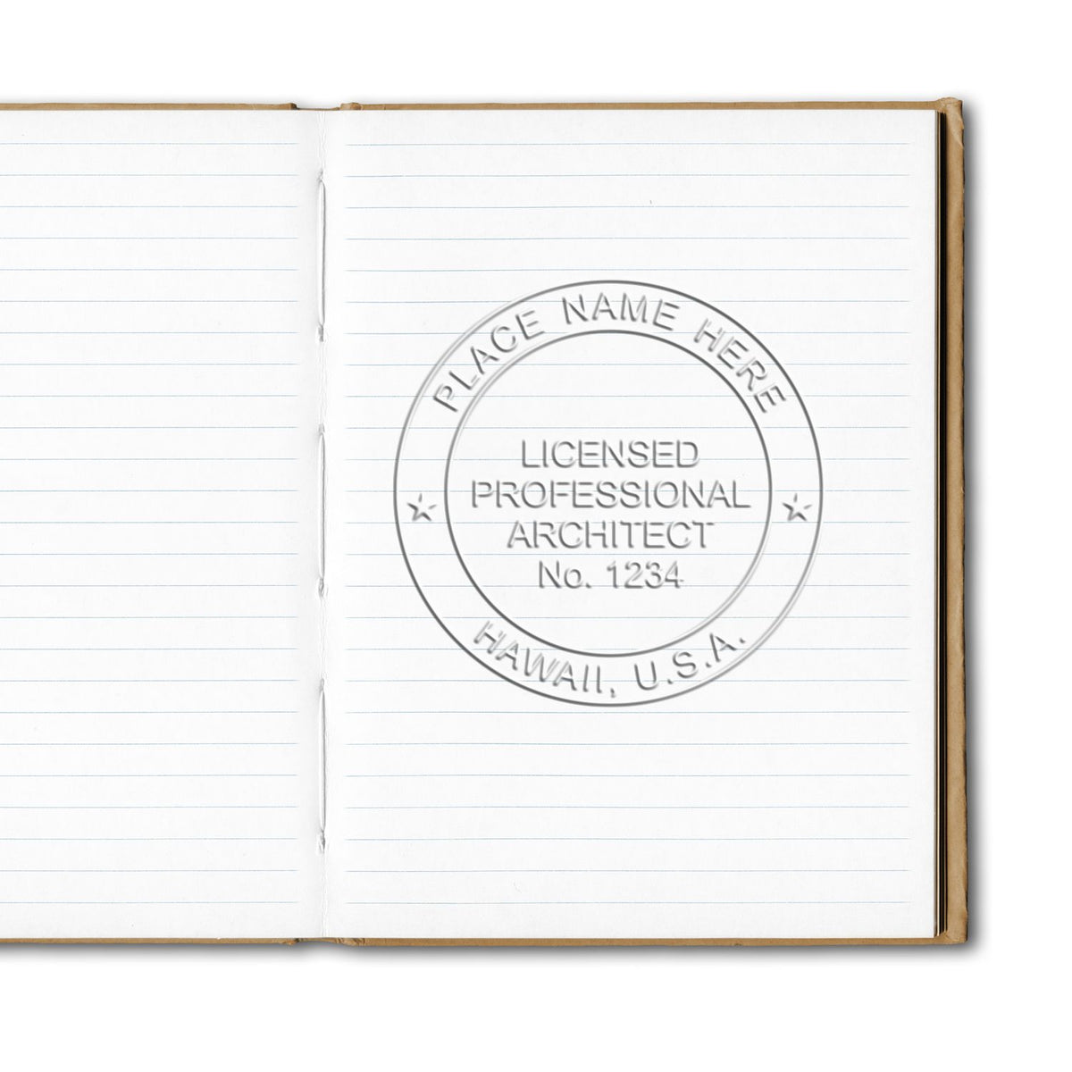 This paper is stamped with a sample imprint of the Handheld Hawaii Architect Seal Embosser, signifying its quality and reliability.
