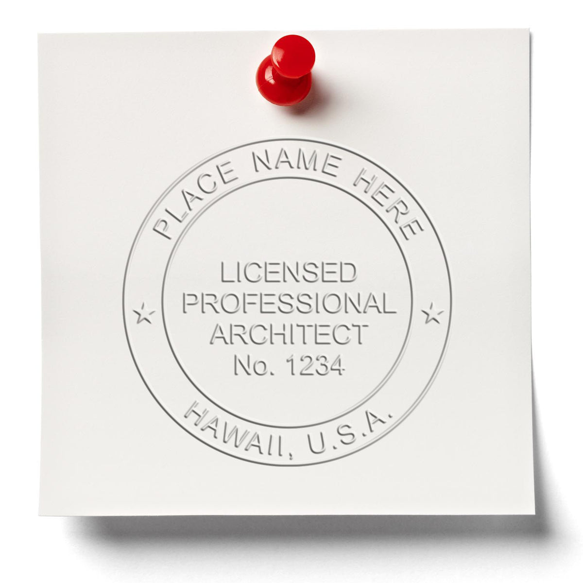 A lifestyle photo showing a stamped image of the Handheld Hawaii Architect Seal Embosser on a piece of paper