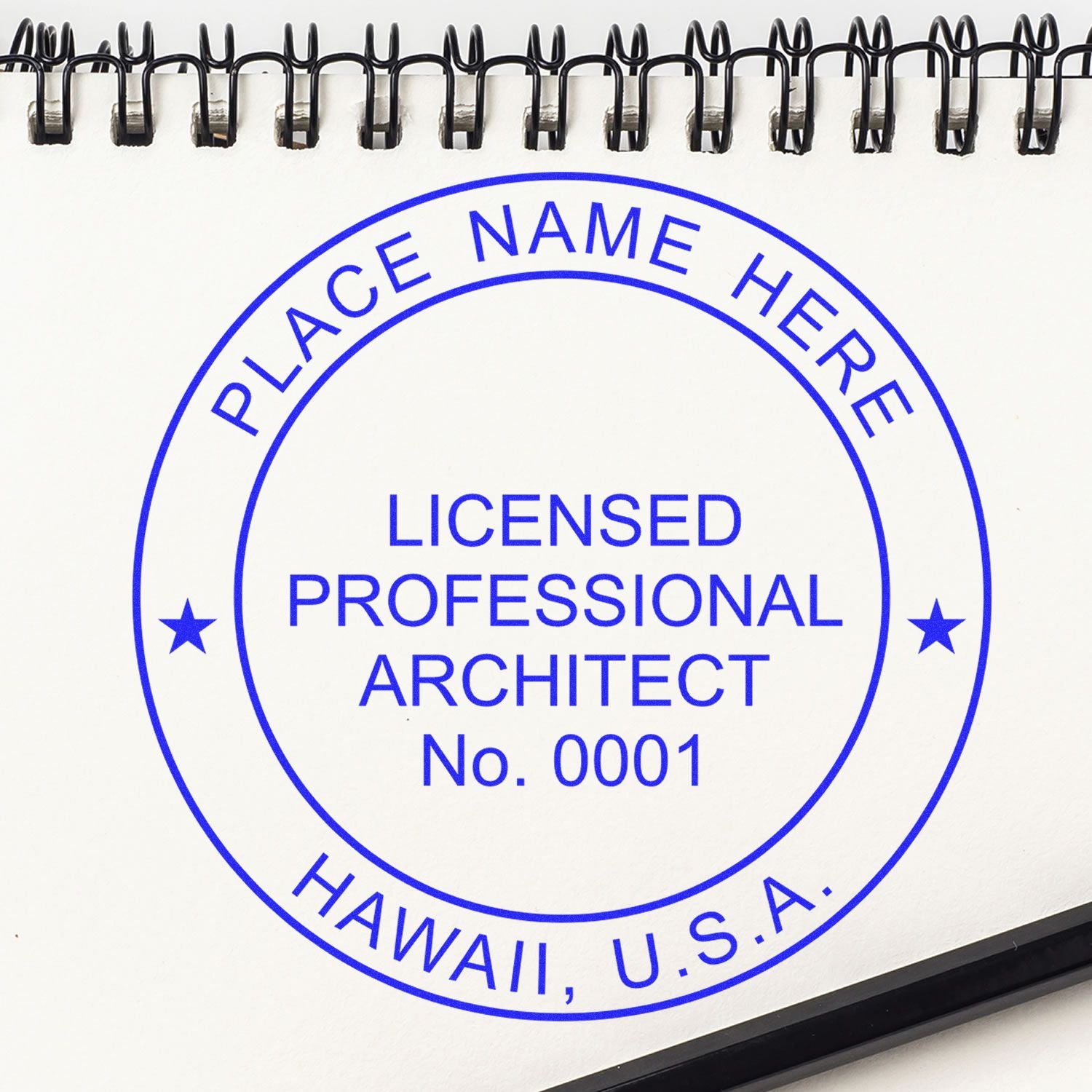 Digital Hawaii Architect Stamp, Electronic Seal for Hawaii Architect, displayed on a white notepad with a spiral binding.