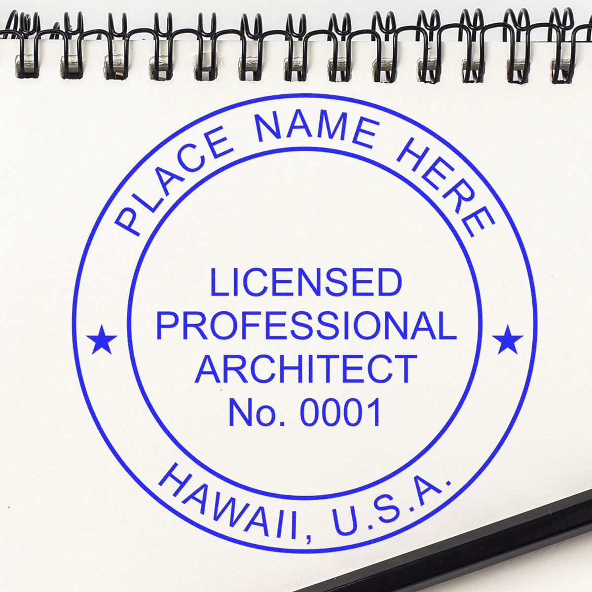Slim Pre-Inked Hawaii Architect Seal Stamp in use photo showing a stamped imprint of the Slim Pre-Inked Hawaii Architect Seal Stamp
