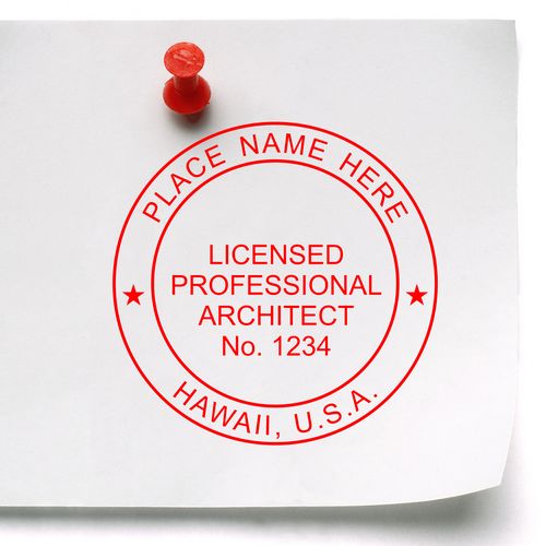 A lifestyle photo showing a stamped image of the Slim Pre-Inked Hawaii Architect Seal Stamp on a piece of paper
