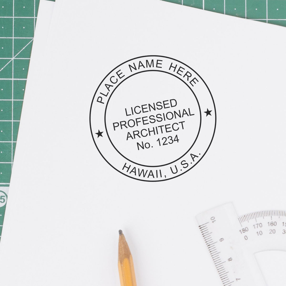 A stamped impression of the Slim Pre-Inked Hawaii Architect Seal Stamp in this stylish lifestyle photo, setting the tone for a unique and personalized product.