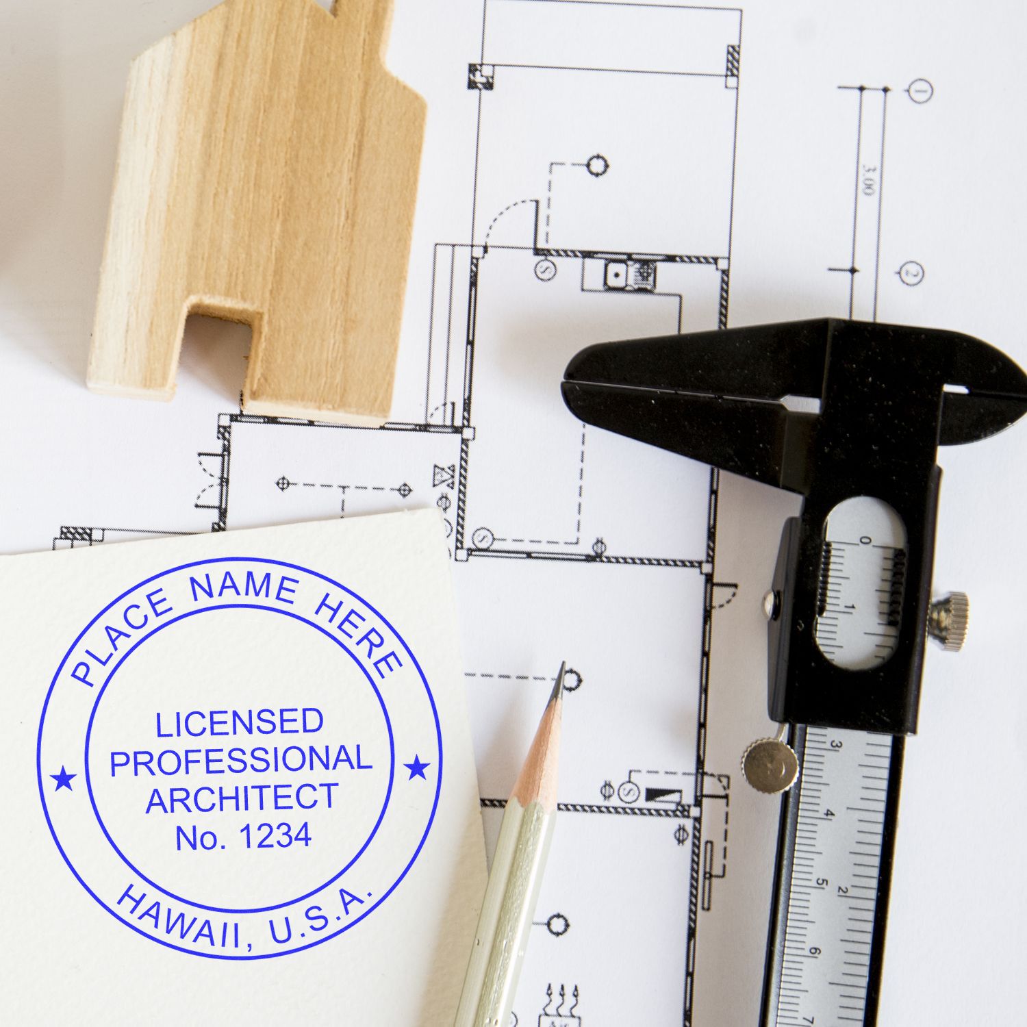 Digital Hawaii Architect Stamp, Electronic Seal for Hawaii Architect, shown on architectural plans with drafting tools and a wooden house model.