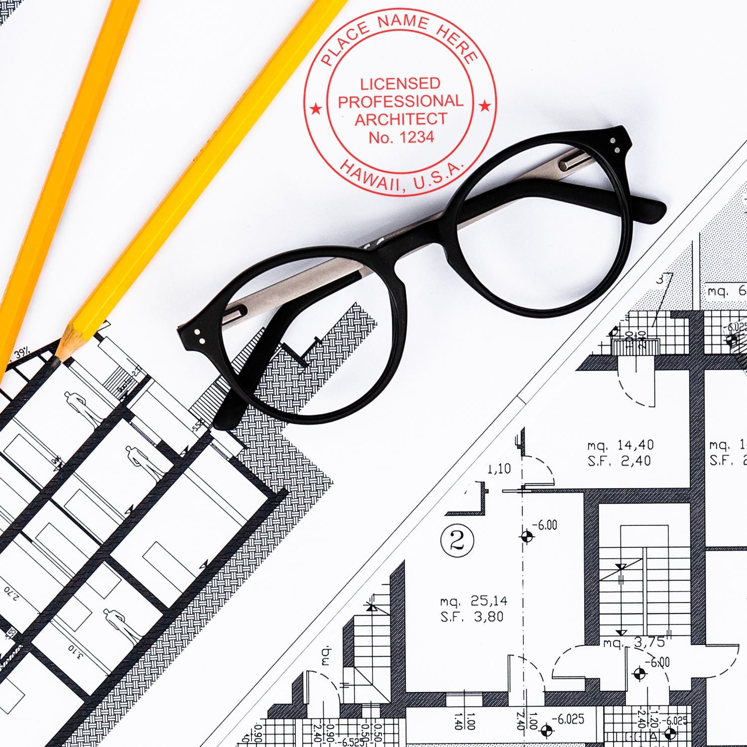 Digital Hawaii Architect Stamp, Electronic Seal for Hawaii Architect, placed on architectural blueprints with glasses and pencils nearby.