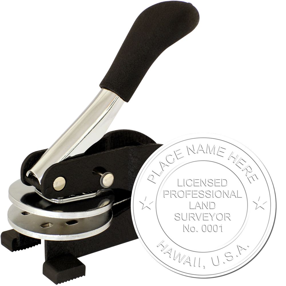 The main image for the Hawaii Desk Surveyor Seal Embosser depicting a sample of the imprint and electronic files
