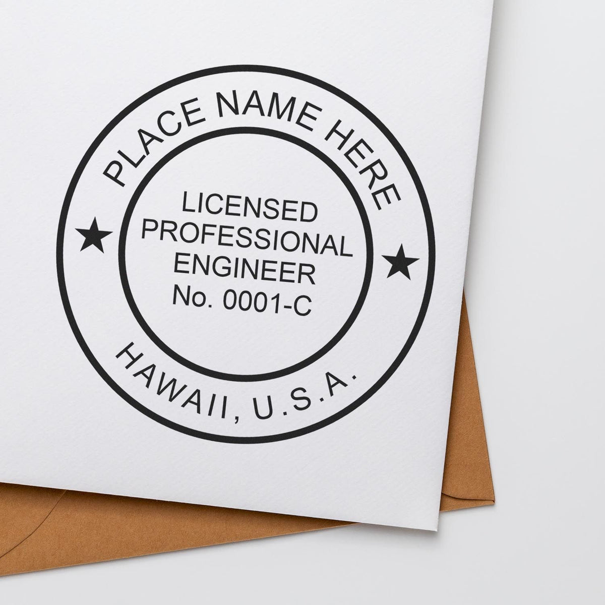 A stamped impression of the Premium MaxLight Pre-Inked Hawaii Engineering Stamp in this stylish lifestyle photo, setting the tone for a unique and personalized product.