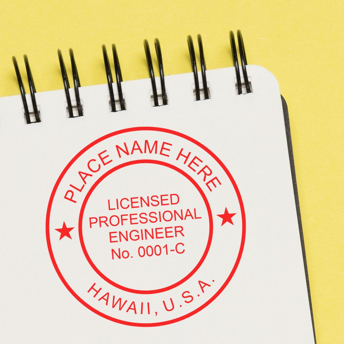 A photograph of the Slim Pre-Inked Hawaii Professional Engineer Seal Stamp stamp impression reveals a vivid, professional image of the on paper.