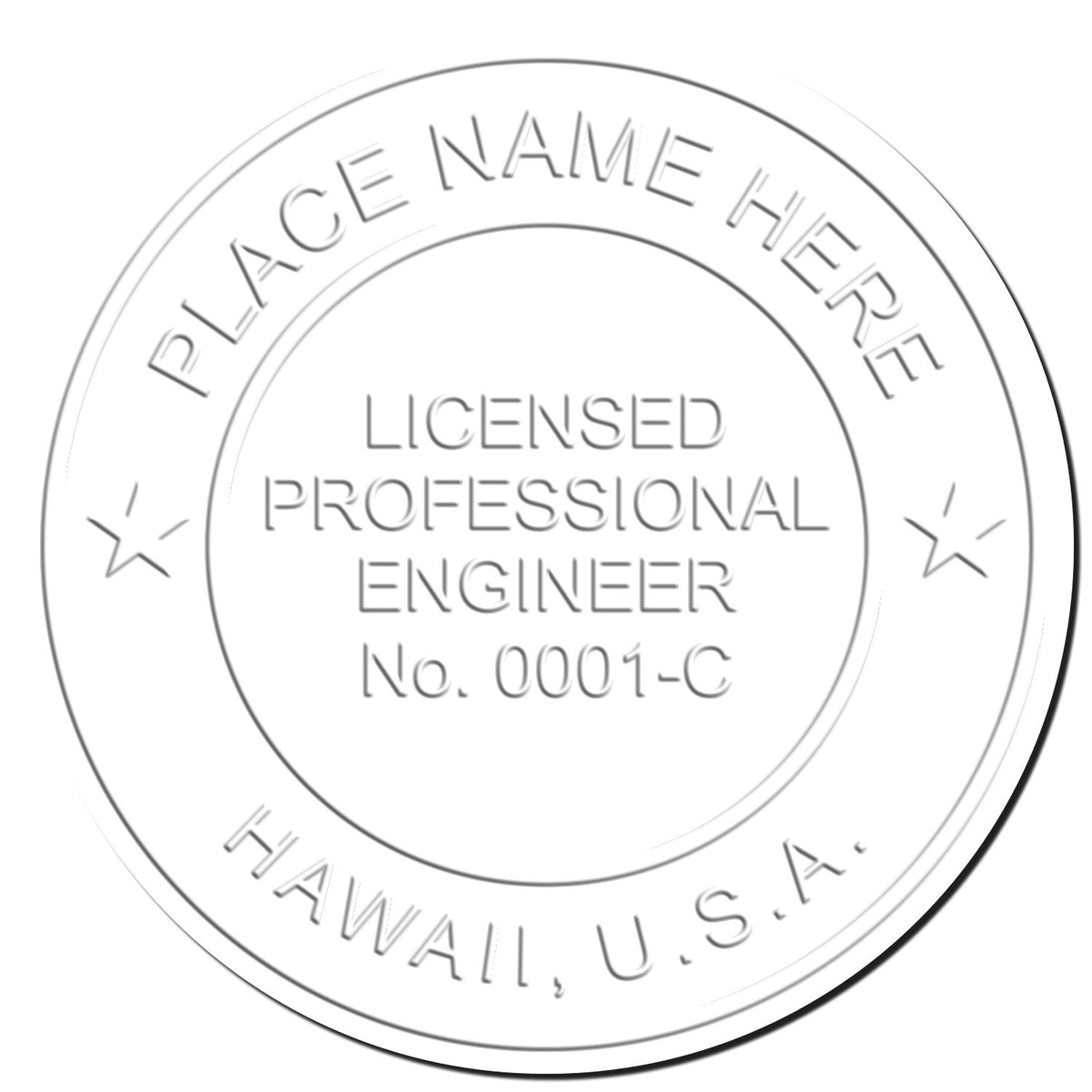A photograph of the Handheld Hawaii Professional Engineer Embosser stamp impression reveals a vivid, professional image of the on paper.