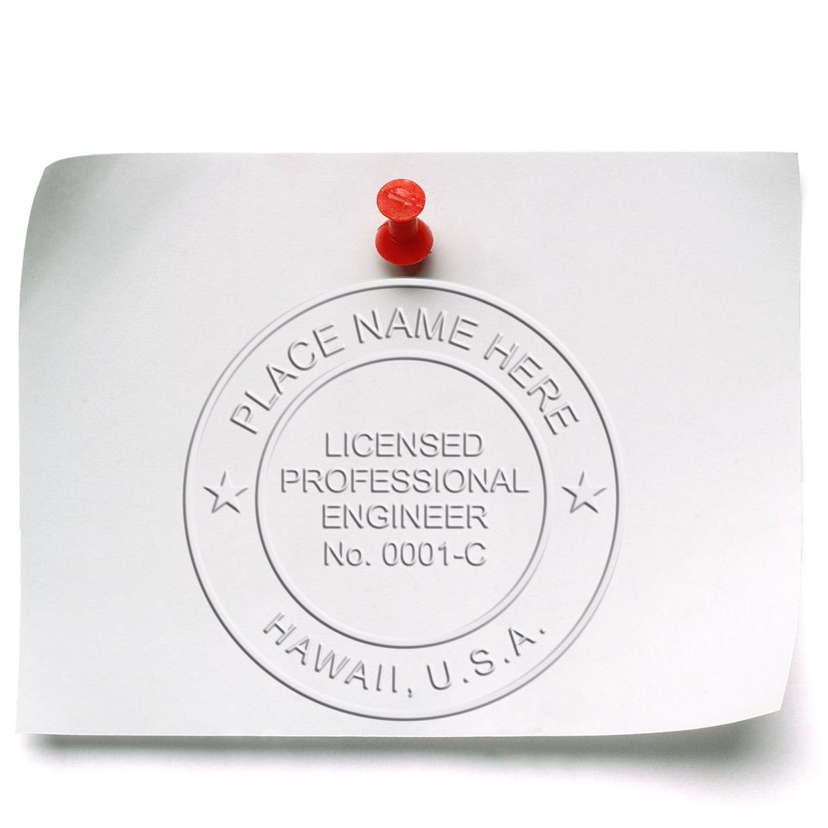 A photograph of the Heavy Duty Cast Iron Hawaii Engineer Seal Embosser stamp impression reveals a vivid, professional image of the on paper.
