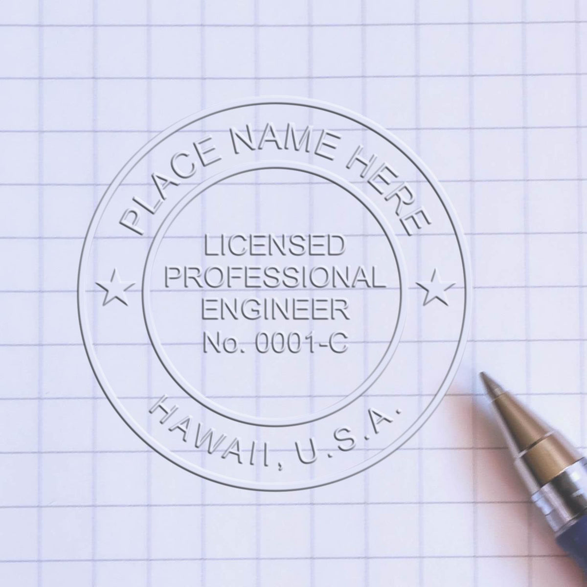 A lifestyle photo showing a stamped image of the Handheld Hawaii Professional Engineer Embosser on a piece of paper