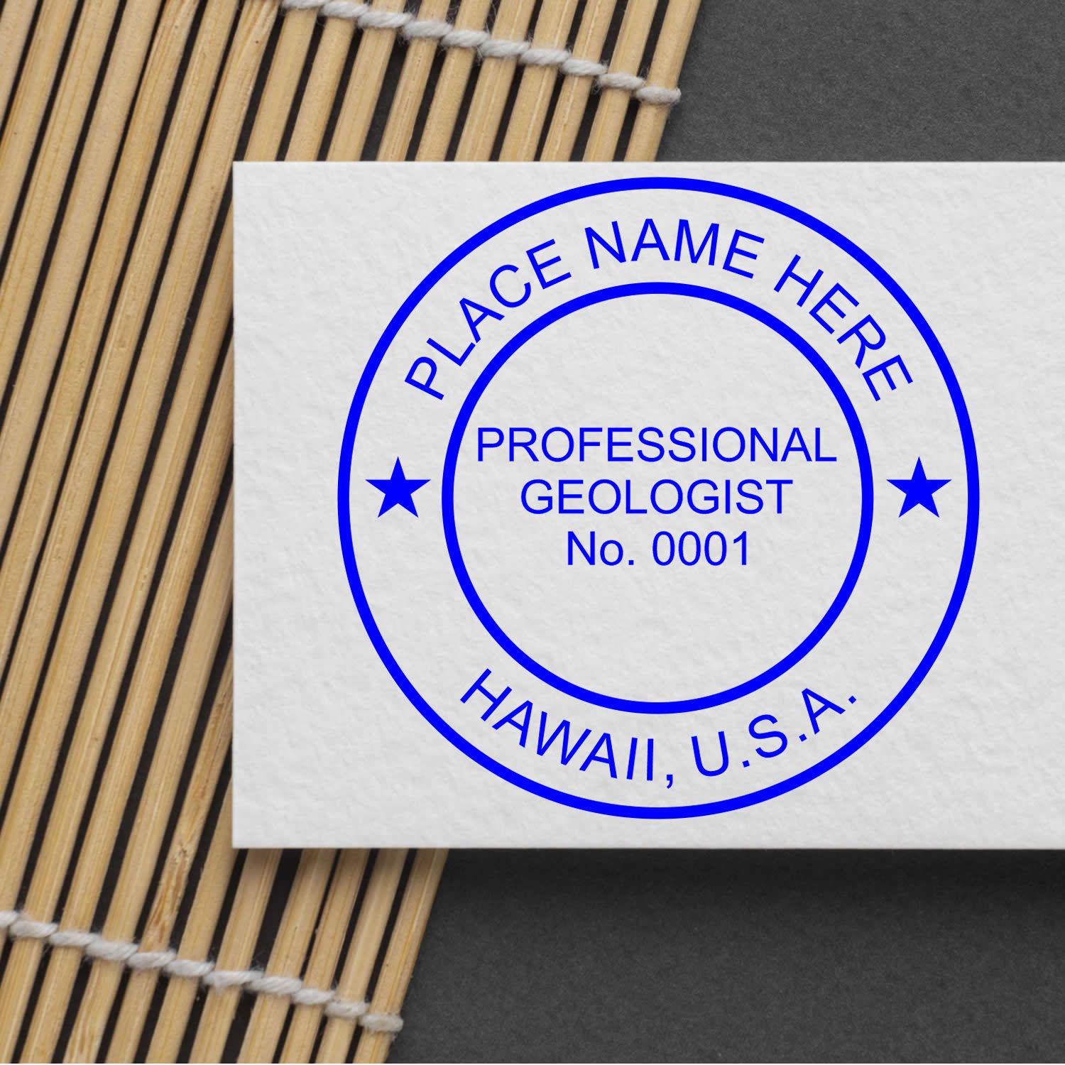 The Slim Pre-Inked Hawaii Professional Geologist Seal Stamp impression comes to life with a crisp, detailed image stamped on paper - showcasing true professional quality.