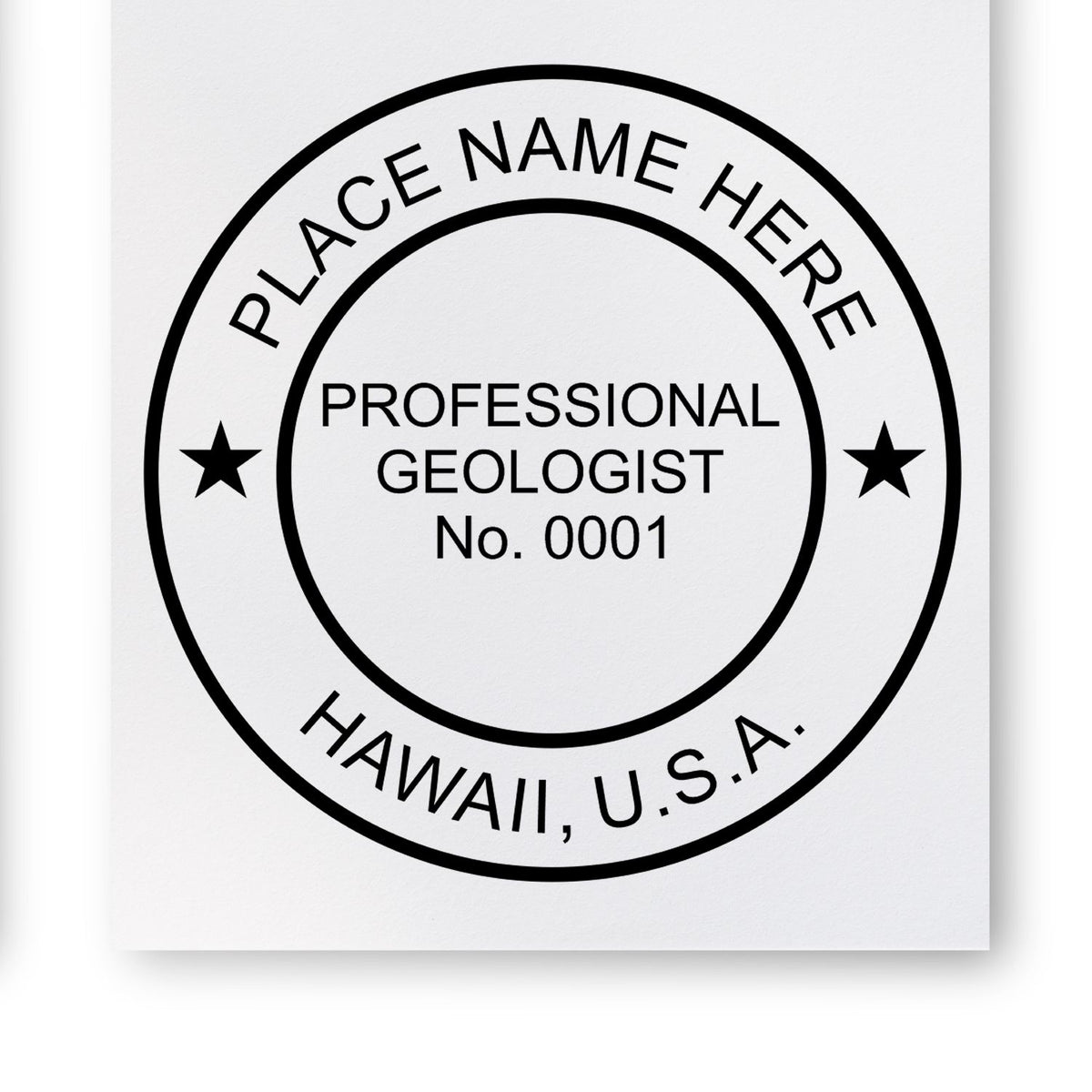 A lifestyle photo showing a stamped image of the Slim Pre-Inked Hawaii Professional Geologist Seal Stamp on a piece of paper