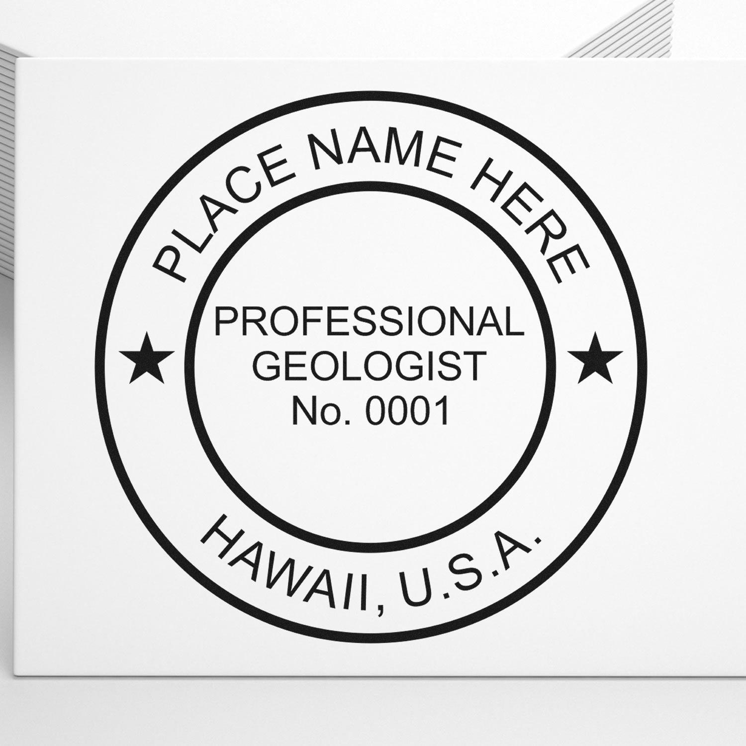 A photograph of the Slim Pre-Inked Hawaii Professional Geologist Seal Stamp impression reveals a vivid, professional image of the on paper.