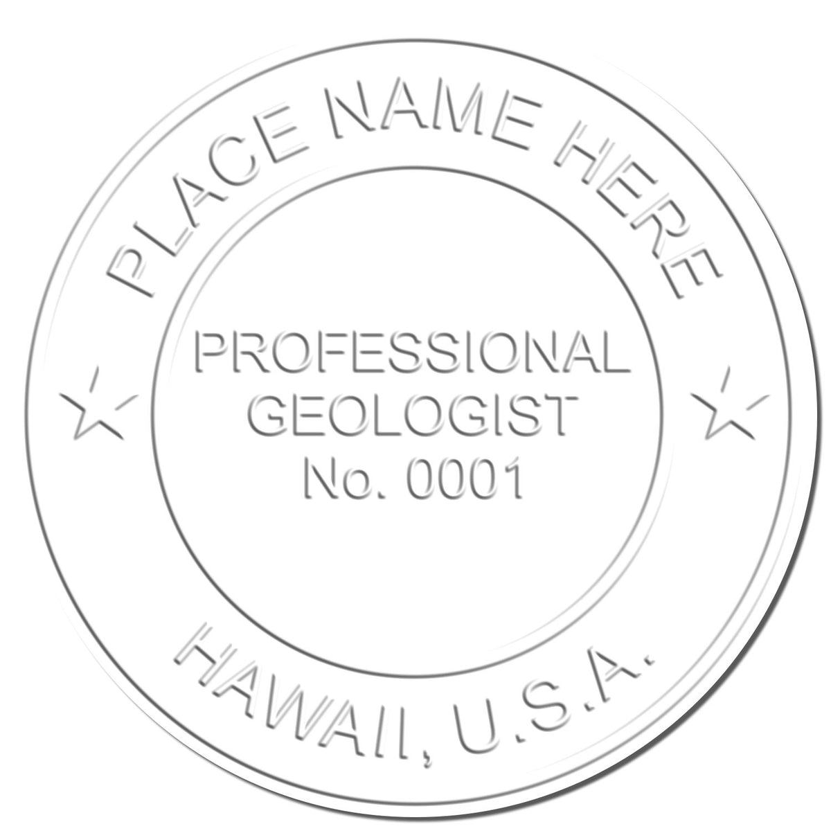 An in use photo of the Heavy Duty Cast Iron Hawaii Geologist Seal Embosser showing a sample imprint on a cardstock