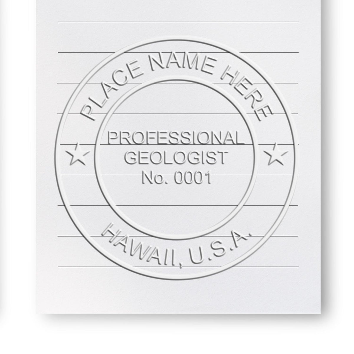An alternative view of the Handheld Hawaii Professional Geologist Embosser stamped on a sheet of paper showing the image in use