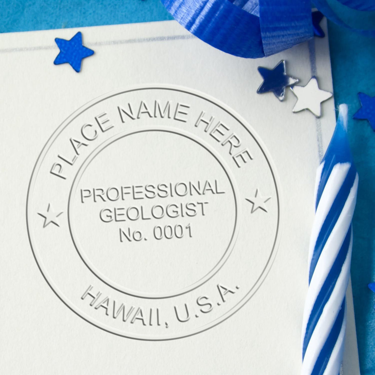 An in use photo of the Hawaii Geologist Desk Seal showing a sample imprint on a cardstock