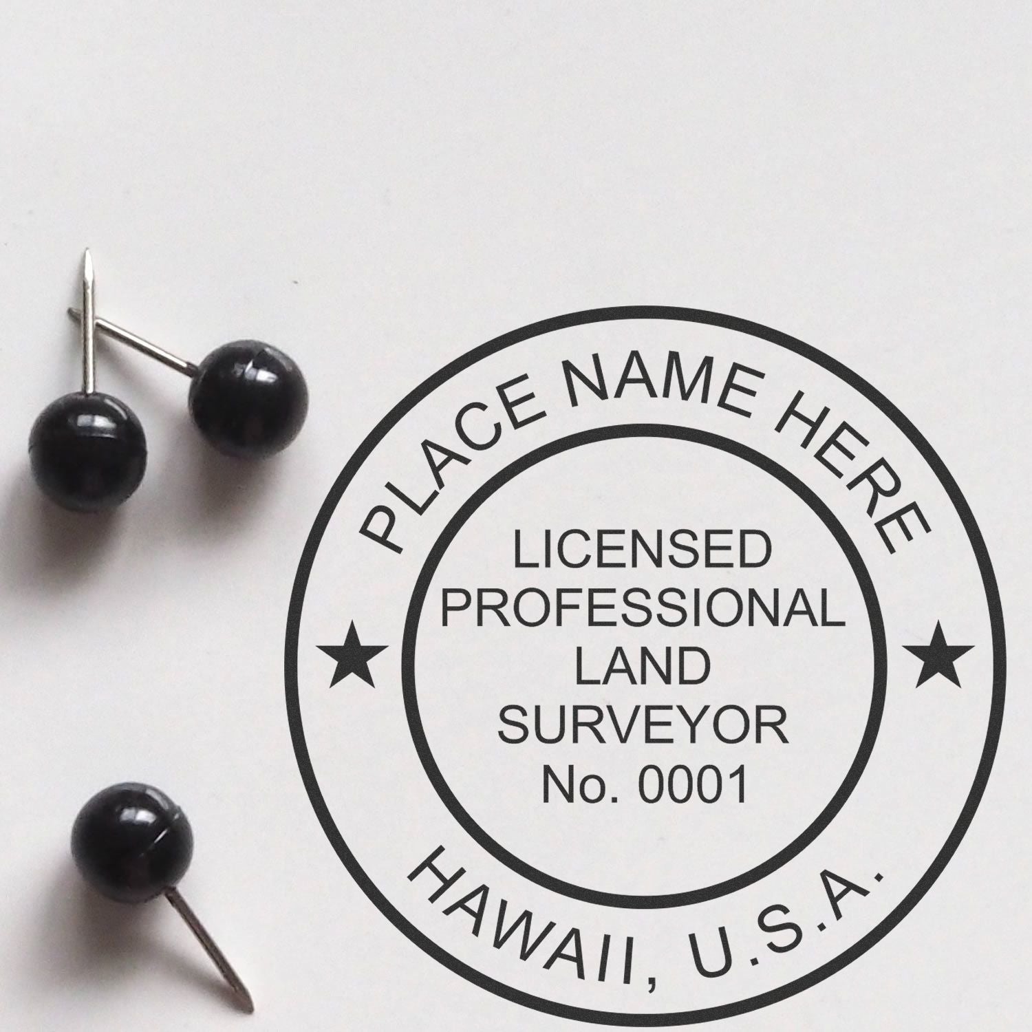 Premium MaxLight Pre-Inked Hawaii Surveyors Stamp with Licensed Professional Land Surveyor text and two black push pins on white background.