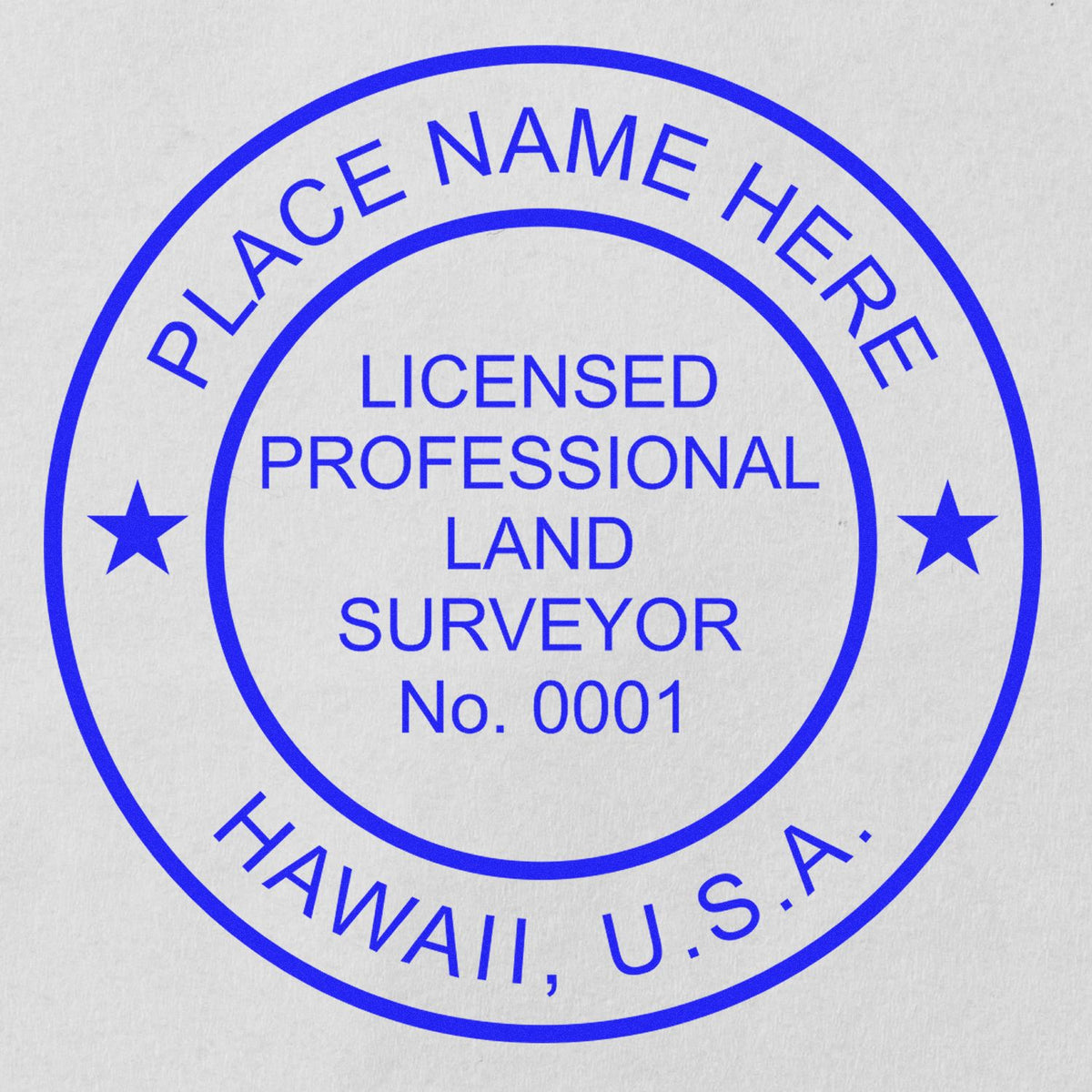 A lifestyle photo showing a stamped image of the Slim Pre-Inked Hawaii Land Surveyor Seal Stamp on a piece of paper