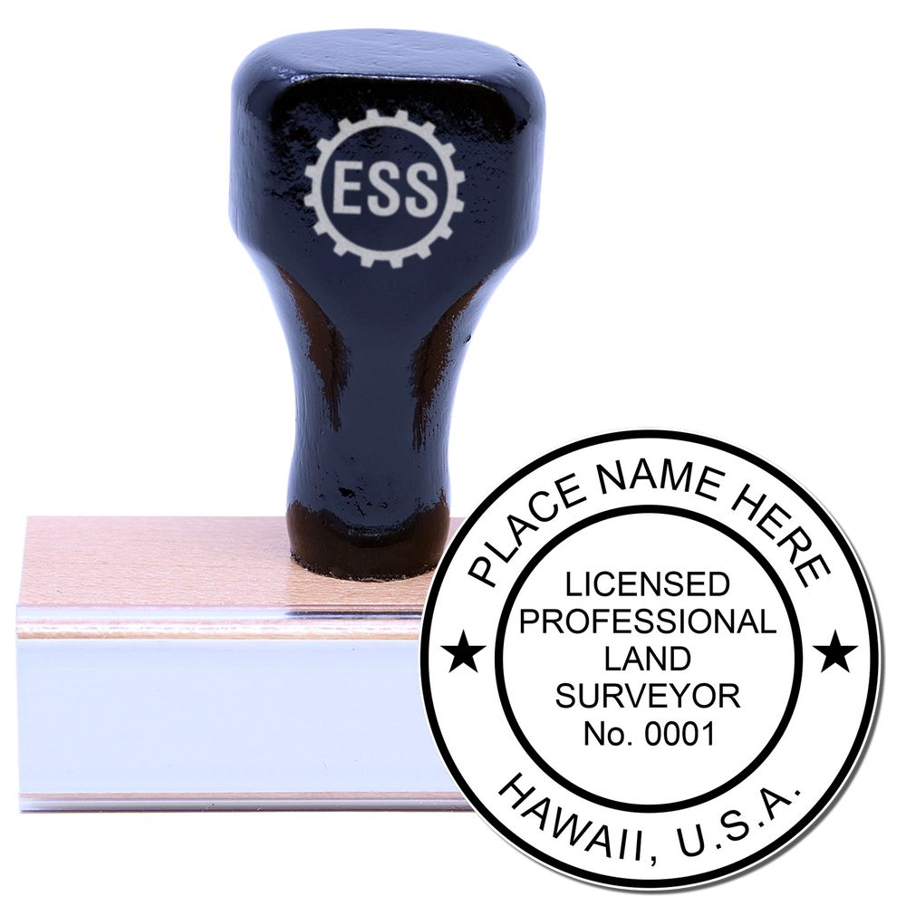 Hawaii Land Surveyor Seal Stamp, HI PLS Stamp with a wooden handle and a sample imprint showing Licensed Professional Land Surveyor text.