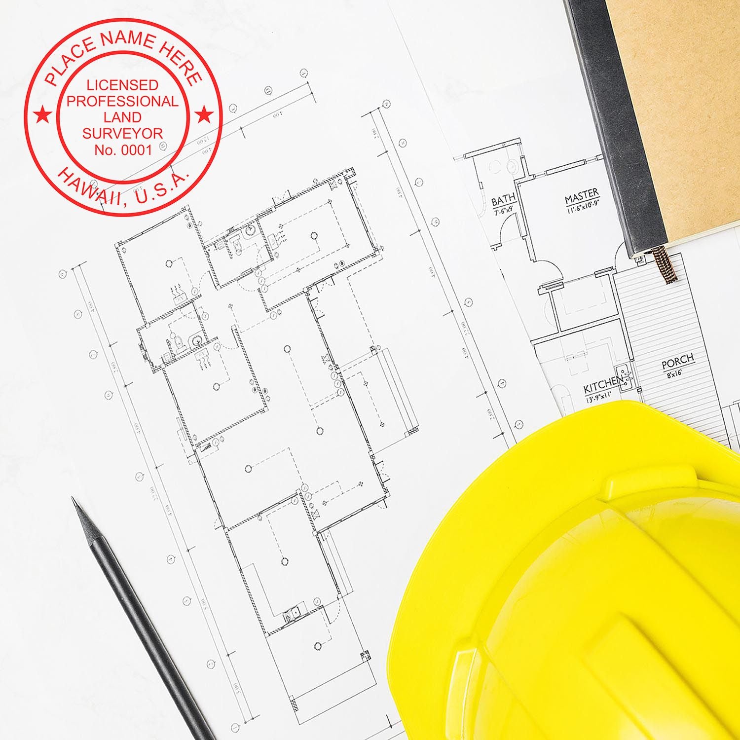 Digital Hawaii Land Surveyor Stamp, Electronic Seal for Hawaii Land Surveyor, on architectural blueprint with a yellow hard hat and pen.