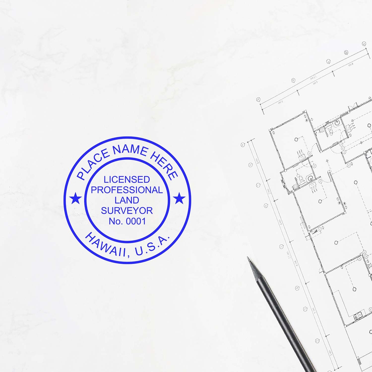 Premium MaxLight Pre-Inked Hawaii Surveyors Stamp in blue ink on a white paper with architectural plans and a pen.