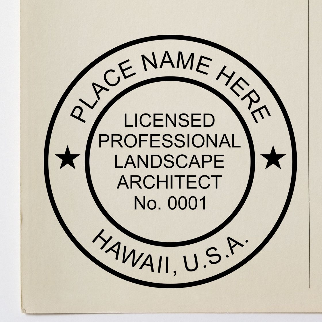 A stamped impression of the Digital Hawaii Landscape Architect Stamp in this stylish lifestyle photo, setting the tone for a unique and personalized product.