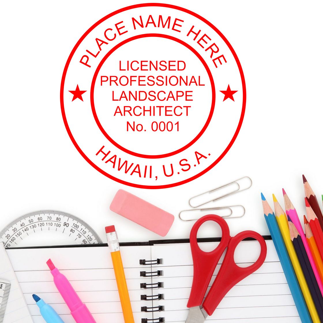 A stamped impression of the Self-Inking Hawaii Landscape Architect Stamp in this stylish lifestyle photo, setting the tone for a unique and personalized product.