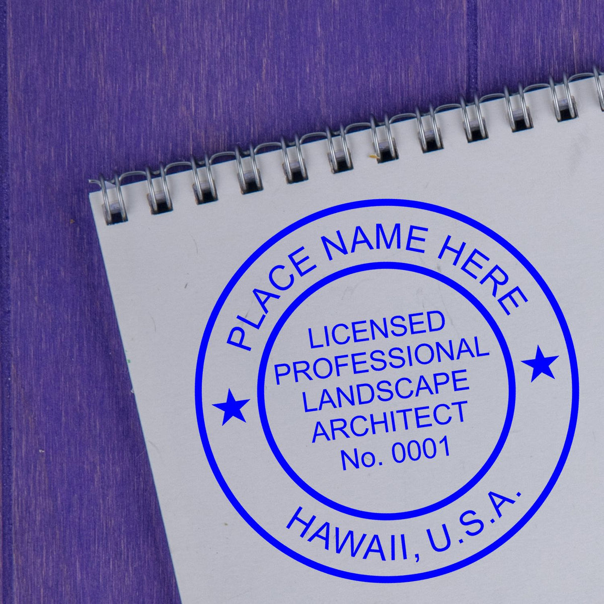 This paper is stamped with a sample imprint of the Self-Inking Hawaii Landscape Architect Stamp, signifying its quality and reliability.