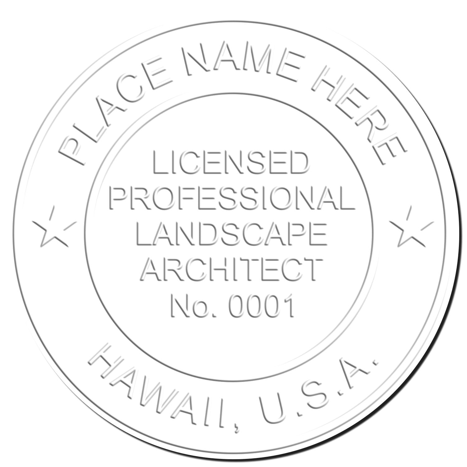 This paper is stamped with a sample imprint of the Hawaii Desk Landscape Architectural Seal Embosser, signifying its quality and reliability.