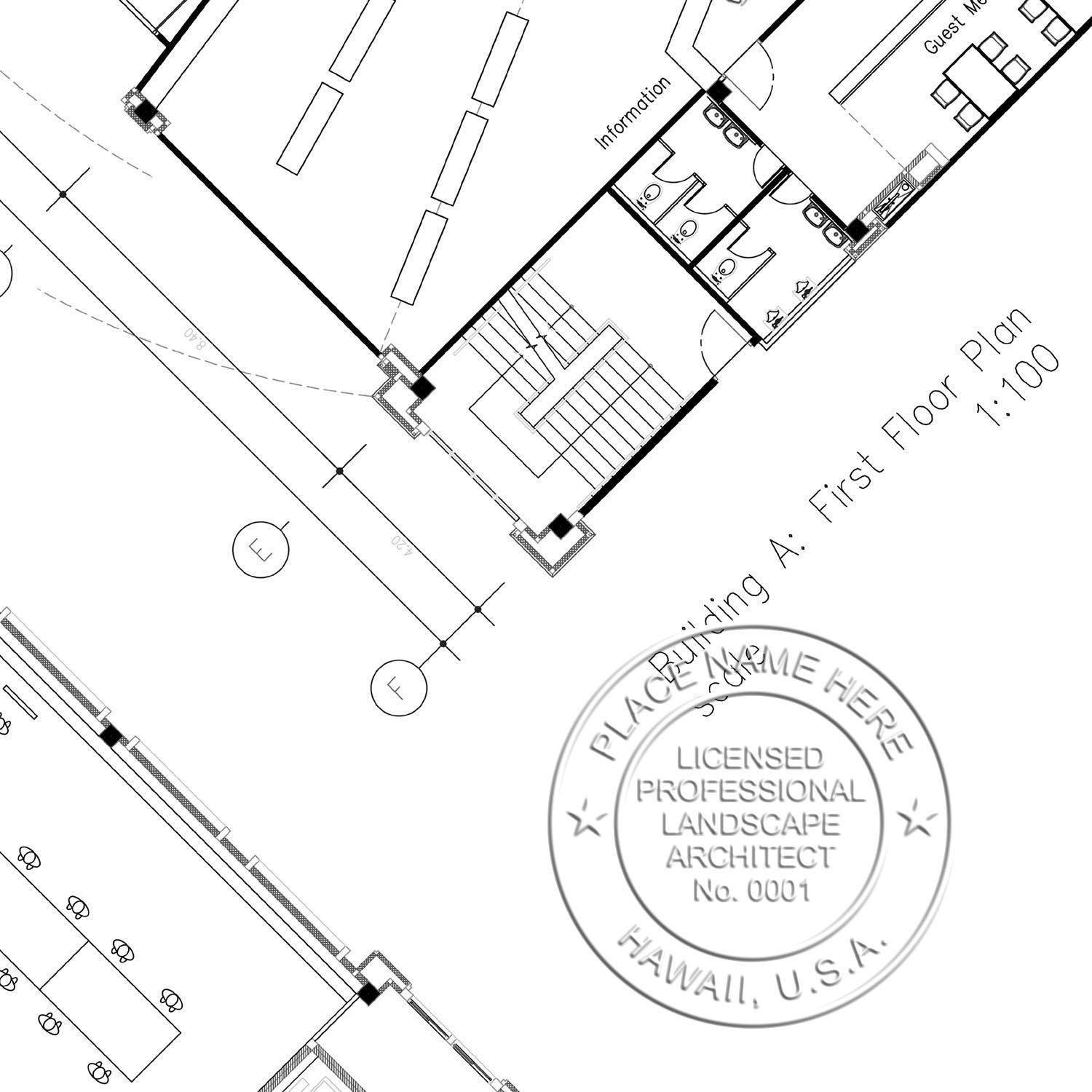 Another Example of a stamped impression of the Hawaii Long Reach Landscape Architect Embossing Stamp on a piece of office paper.