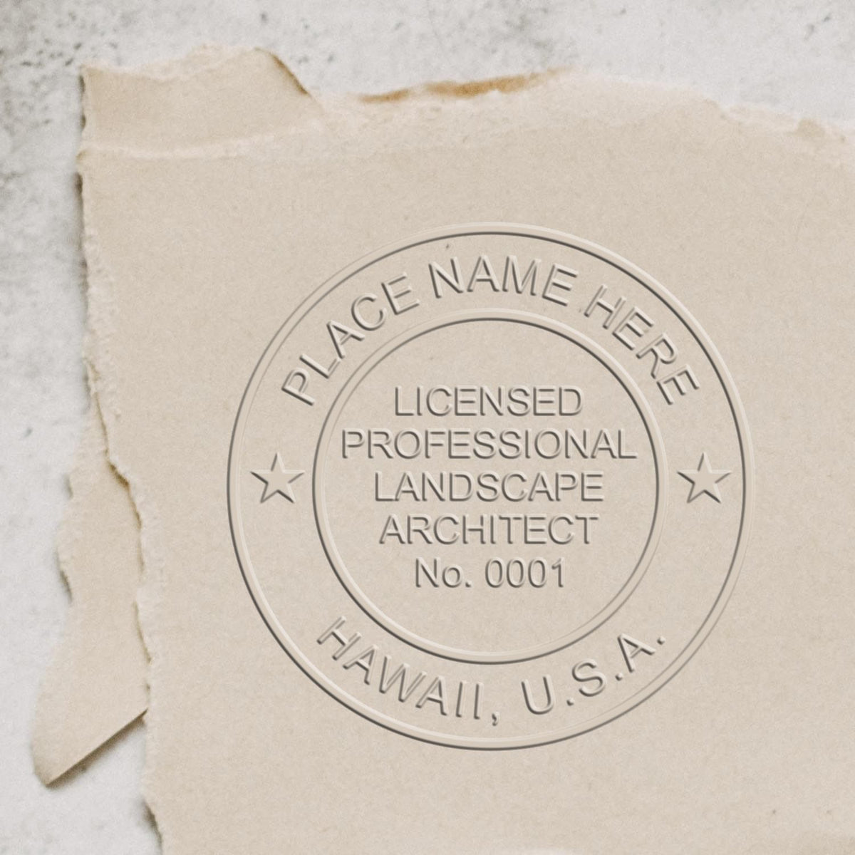 A photograph of the Hybrid Hawaii Landscape Architect Seal stamp impression reveals a vivid, professional image of the on paper.