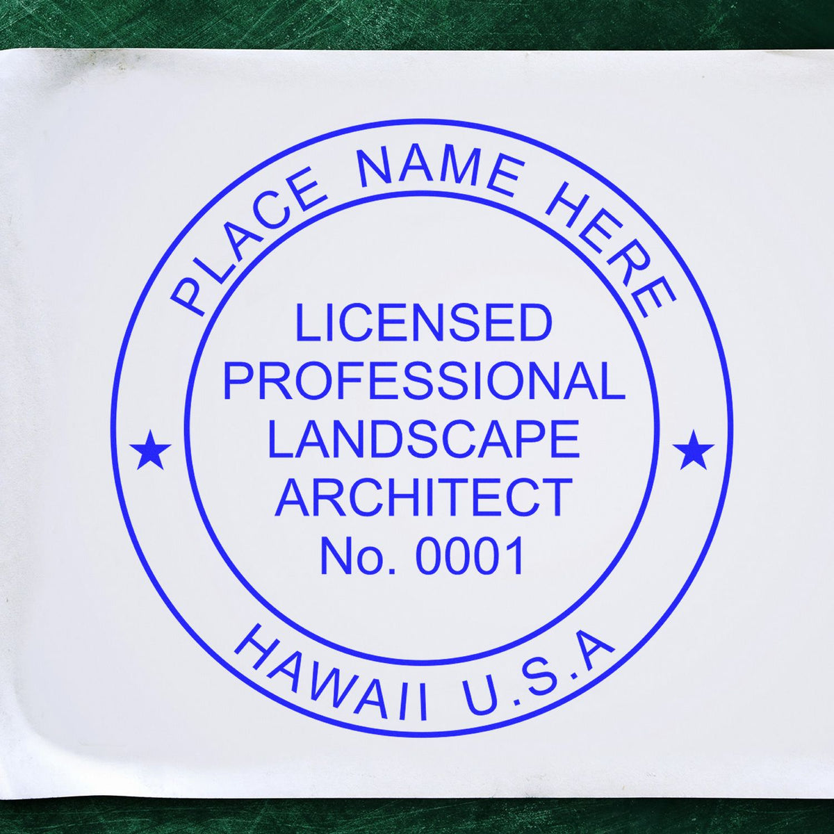 The Slim Pre-Inked Hawaii Landscape Architect Seal Stamp stamp impression comes to life with a crisp, detailed photo on paper - showcasing true professional quality.