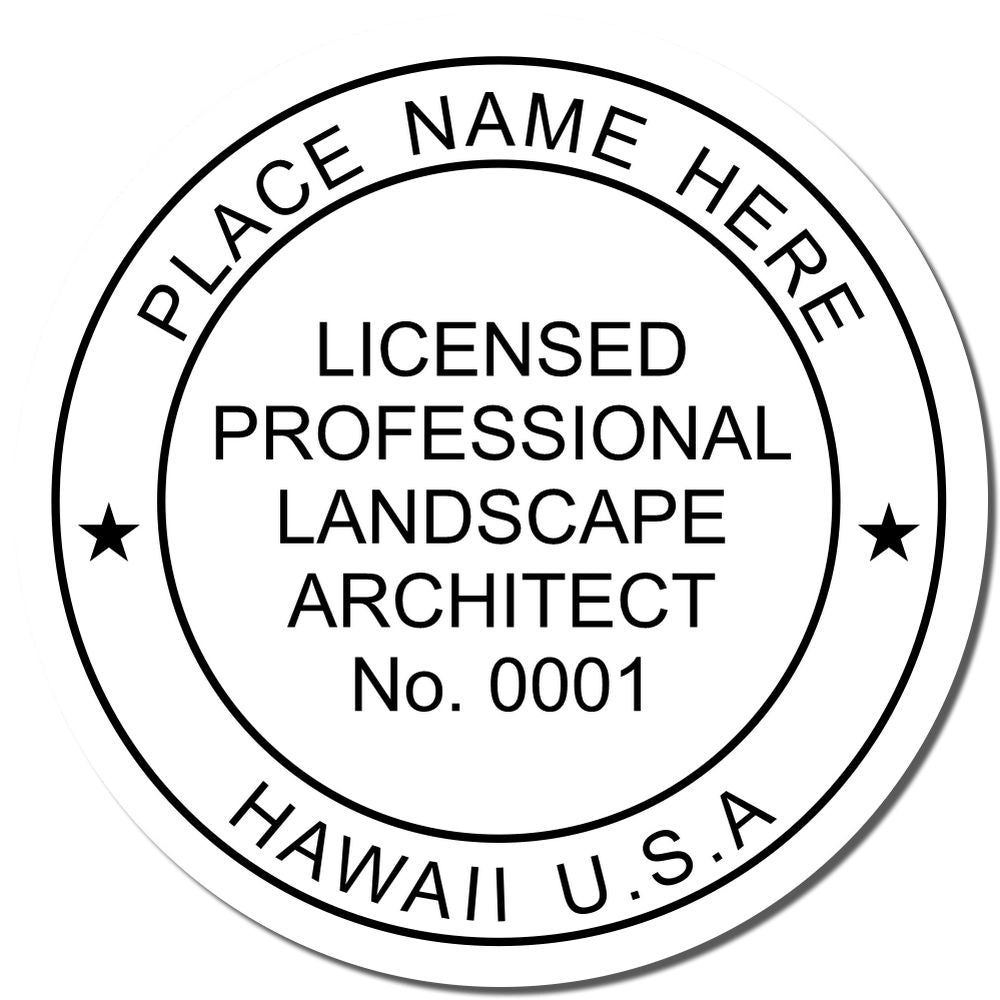 An alternative view of the Digital Hawaii Landscape Architect Stamp stamped on a sheet of paper showing the image in use