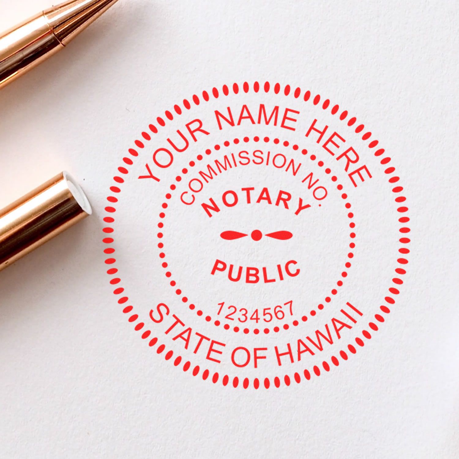 Round Hawaii Notary Public Seal Stamp in use photo showing a stamped imprint of the Round Hawaii Notary Public Seal Stamp